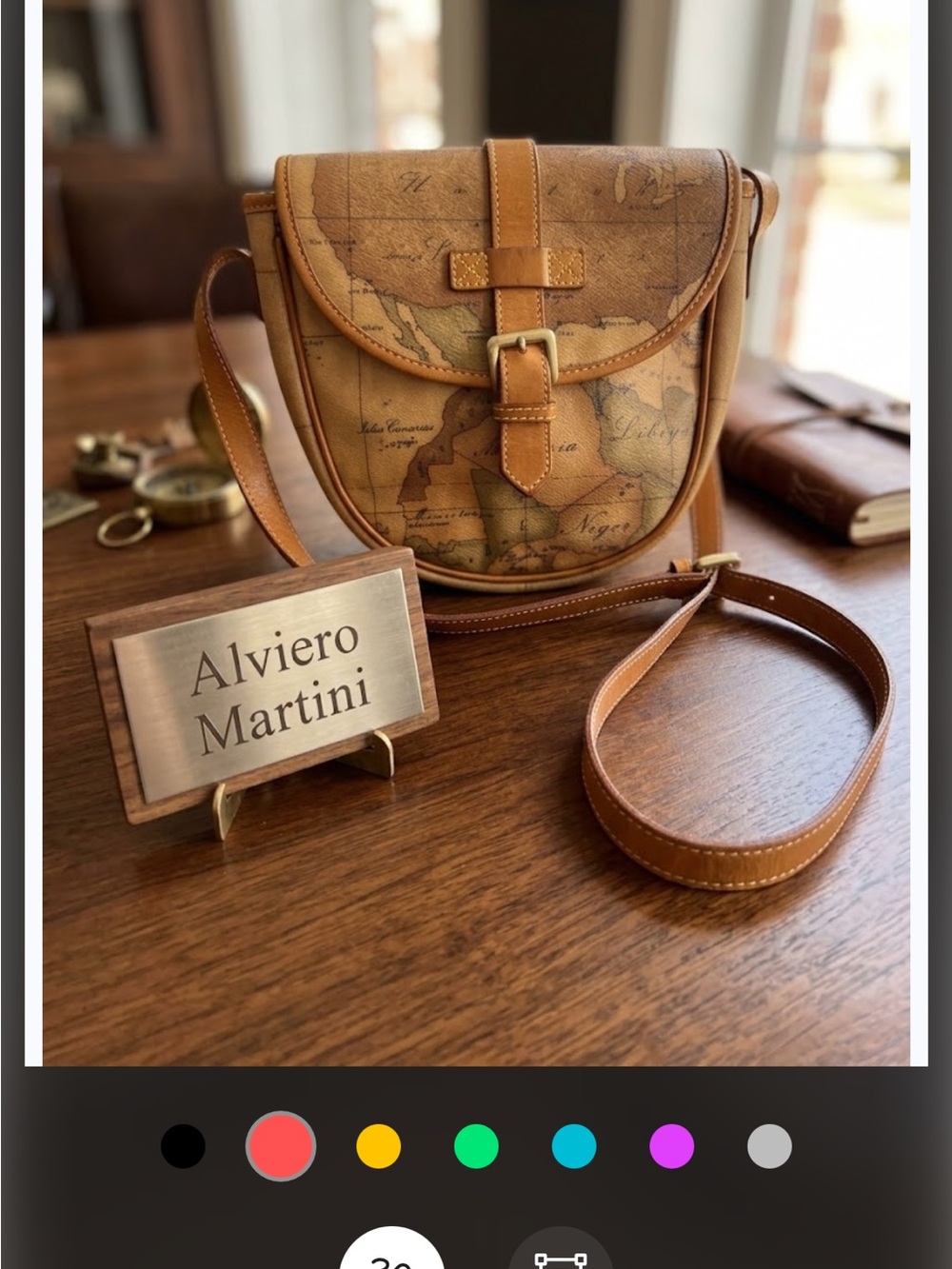 Alviero Martini Tan Map-Print Leather Messenger Crossbody